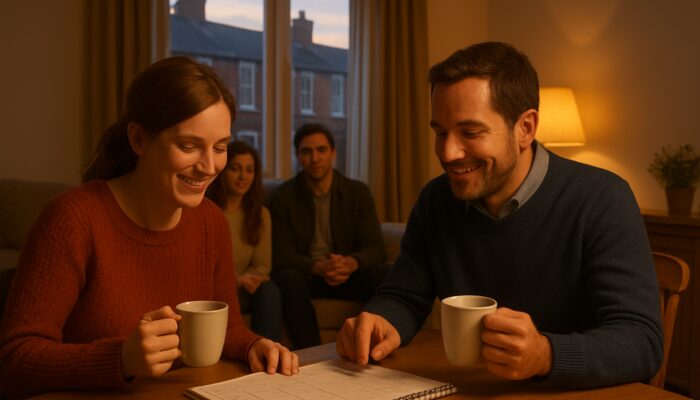 Landlord and tenant review shared calendar over tea in cozy UK terraced home at dusk