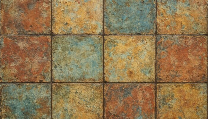 Weathered ceramic tiles with mottled colors showing pigment variation from uneven wear.
