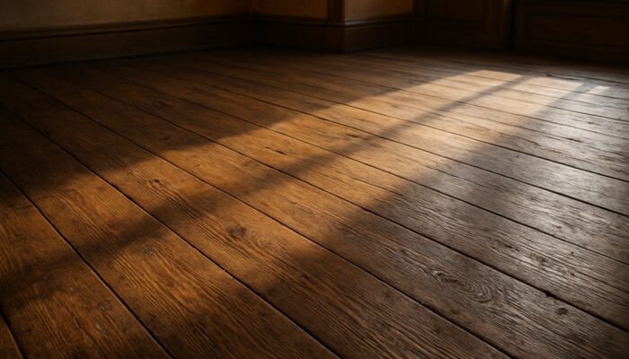 Sunlit historic wooden floors with rich patina and original charm in restored interior