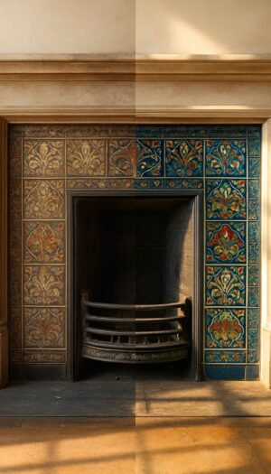 Restored Victorian tiles in sunlit fireplace showing before-and-after colour revival