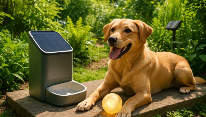Playful dog lounges by solar-powered feeder and LED toy in lush eco-garden