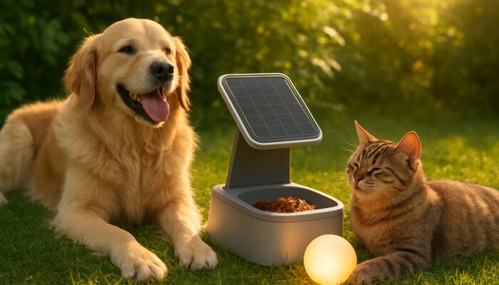 Happy dog and cat with solar-powered eco-friendly pet gadgets in sunlight