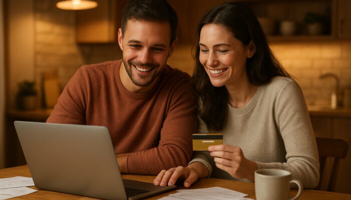 Couple reviewing joint bank statements and shared credit card at cozy kitchen table