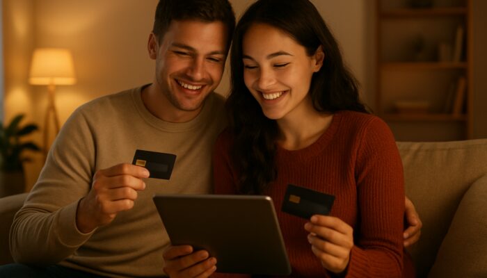 Smiling couple reviews joint accounts on tablet with shared credit cards in cozy living room