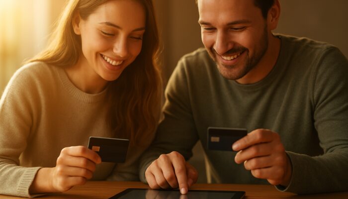 Couple reviewing shared cards and joint account app on tablet at wooden table