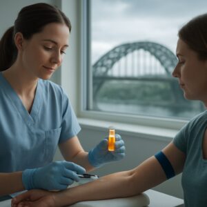 Nurse drawing blood for Vitamin D test in Sunderland lab with Wearmouth Bridge view