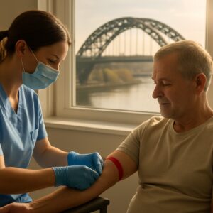 Nurse drawing blood for vitamin D test on Sunderland patient with Wearmouth Bridge view in sunlight
