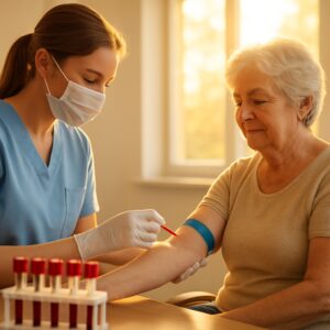 Nurse drawing blood for Vitamin D test from Sunderland resident in sunny clinic