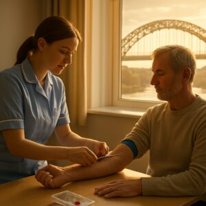 Nurse drawing blood for Vitamin D test in sunny Sunderland clinic with Wearmouth Bridge view.