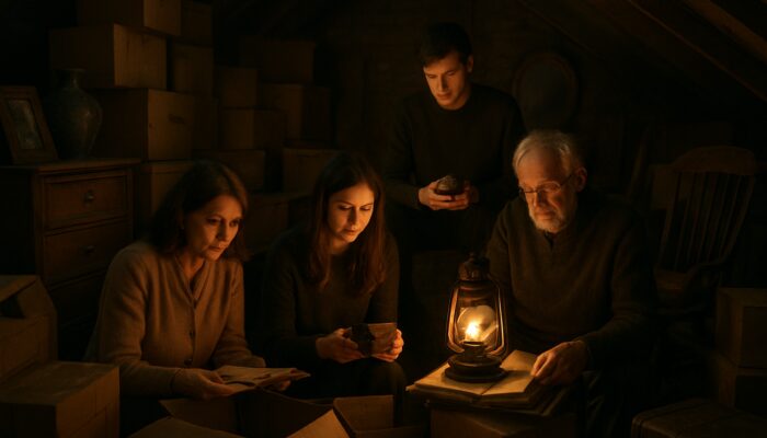 Family cataloging vintage heirlooms in dimly lit British loft during clearance inventory