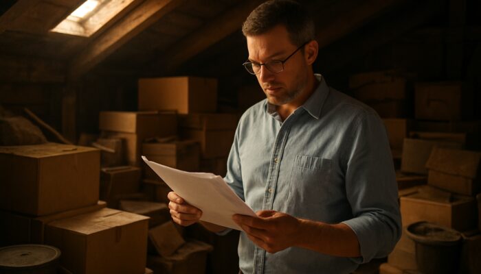 Homeowner reviewing insurance papers in cluttered dusty loft before clearance