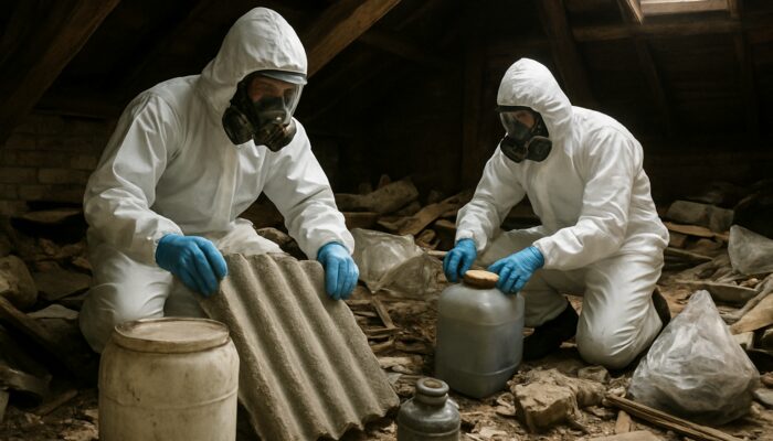 Technicians in hazmat suits safely removing asbestos and chemicals from cluttered attic loft