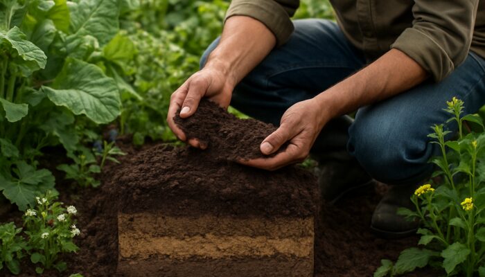 Gardener kneels in lush garden sifting moist soil to reveal clay, sandy, and loamy layers.