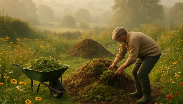 Gardener mulching clippings into compost in lush UK cottage garden with wildflowers and wheelbarrow.