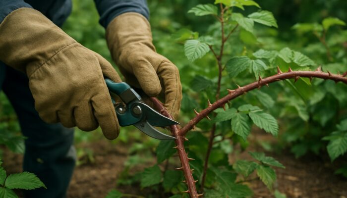 Gardener in thick gloves pruning thorny brambles in lush UK garden on dry soil