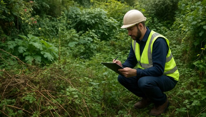 Surveyor assessing invasive plants amid dense overgrowth in a lush British garden under soft daylight.