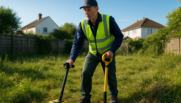 UK gardener scanning overgrown yard with detection tools for buried gas lines before clearance