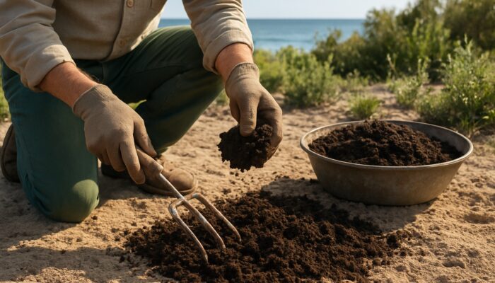 Gardener aerating sandy coastal soil with tools and mixing in organic compost for fertility
