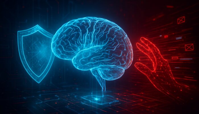 Futuristic glowing SpamBrain AI brain with neural circuits blocking spam under cyberpunk lighting and shields.