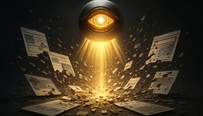 Futuristic AI oracle illuminating authentic content while shattering manipulative SEO tactics on fragmented pages
