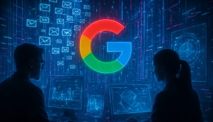 Cyberpunk Google logo filters spam emails amid neon holographic charts and analysts in 2026.