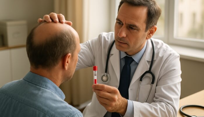 Northampton GP examines balding patient's scalp while preparing blood test for hair loss causes