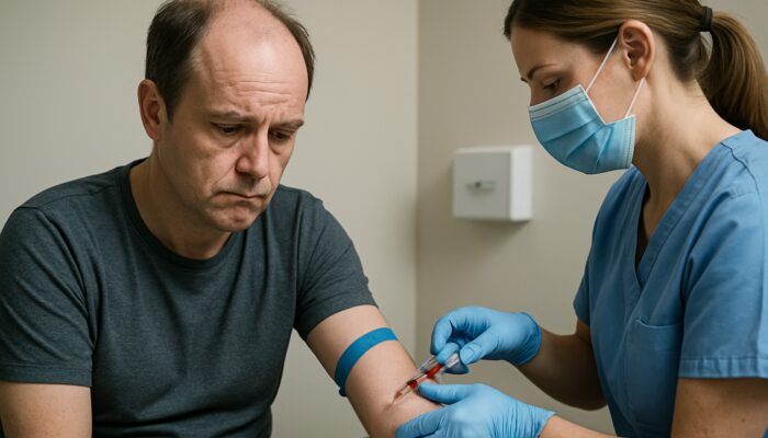 Nurse drawing blood from concerned man for hair loss test at Northampton NHS clinic