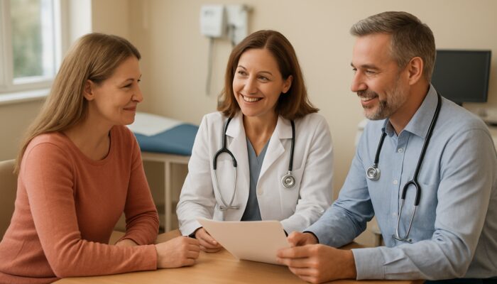 Northampton GP and specialist reviewing NHS hair loss test results with patient in local clinic