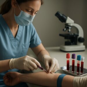 Nurse drawing blood for anaemia test in Taunton clinic with glowing vials and microscope view