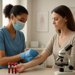 Nurse drawing blood from patient for anemia test in sunlit Taunton clinic with crimson vials.