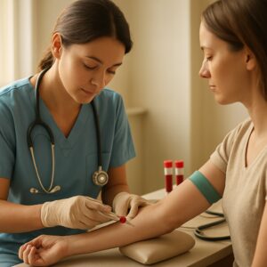 Nurse drawing blood for anaemia test in sunlit Taunton clinic with crimson vials