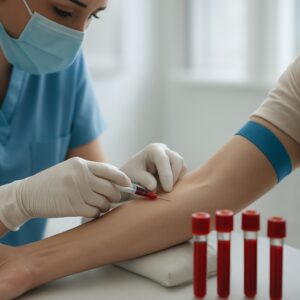 Nurse drawing blood from patient's arm for anaemia test in Taunton clinic