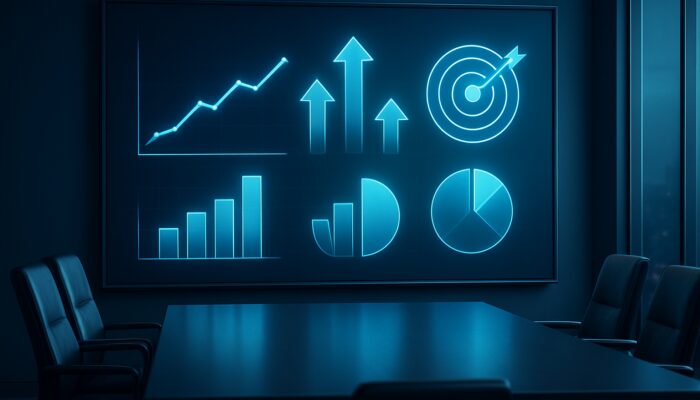 Futuristic digital KPI dashboard with glowing charts, upward arrows, and target icons in a boardroom.
