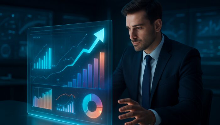 Futuristic analyst reviewing holographic performance dashboard with colorful metrics and charts