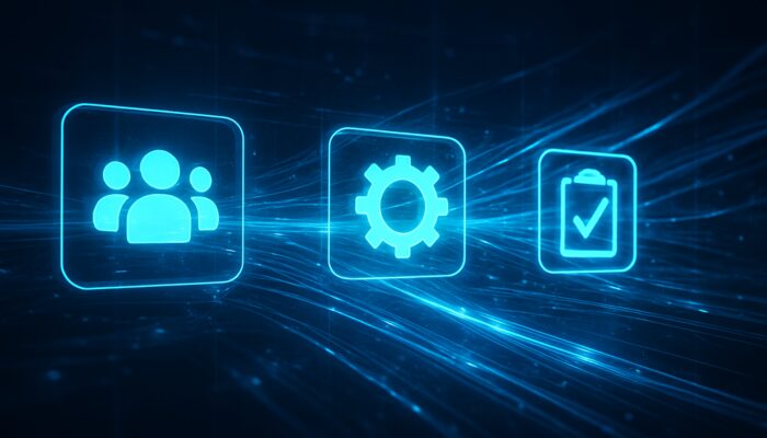 Futuristic interface linking glowing CRM, ERP, and project icons via seamless luminous data streams for unified insights.