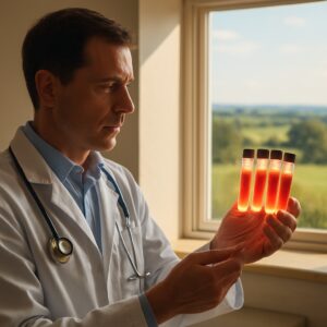 Doctor examining glowing vitamin deficiency blood test vials in sunlit Ipswich clinic with Suffolk view