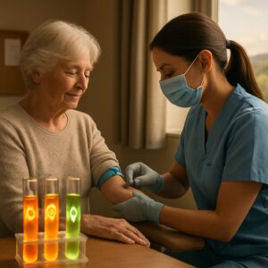 Nurse drawing blood for vitamin deficiency test in cozy Ipswich clinic with countryside view