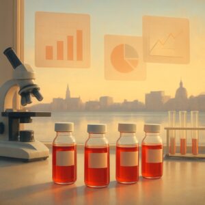 Illustration of glowing vitamin blood test vials with Ipswich waterfront skyline in medical lab