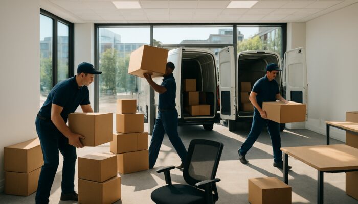 Professional movers clearing Richmond office, loading boxes and furniture into vans in sunlight