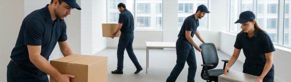 Professional team clearing Richmond office, stacking boxes and removing furniture in bright light