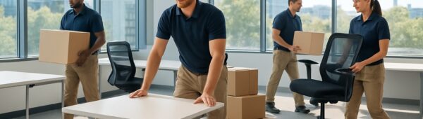 Professional crew hauling desks and boxes during efficient Richmond office clearance under sunlight.
