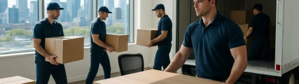 Professional movers loading desks and boxes from sleek Richmond office into truck with city skyline views.