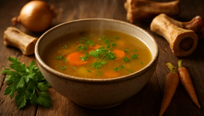 Steaming golden bone broth bowl with herbs and vegetables on rustic wooden table for gut healing