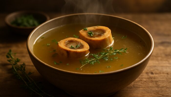 Steaming golden bone broth bowl with marrow bones and fresh herbs on rustic table