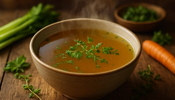 Steaming golden bone broth bowl garnished with herbs and vegetables on rustic table.