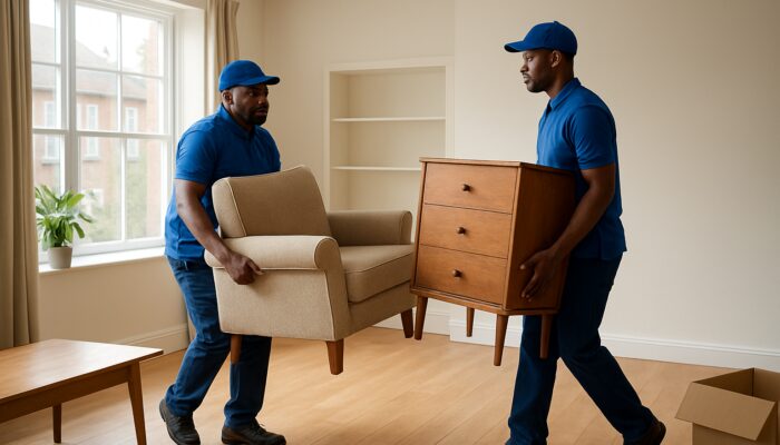 Professional movers clearing furniture from cluttered Bexley flat into spotless empty space.
