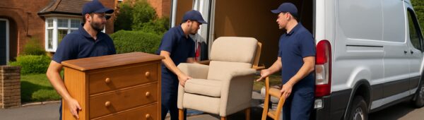 Professional movers loading furniture van on sunny Bexley street for flat clearance services