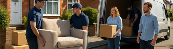 Professional movers clearing furniture from a cozy Bexley flat on a sunny London street with vans.