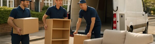 Efficient movers loading furniture and boxes from Bexley flat into van on suburban street.