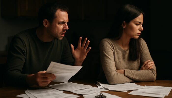 Couple arguing over mortgage papers at kitchen table with unpaid bills scattered